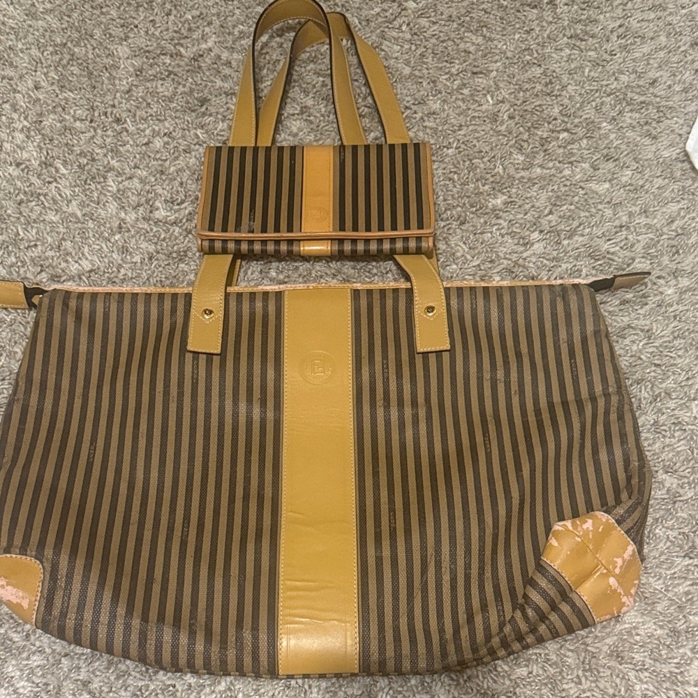 Authentic FENDI Vintage Pequin Stripe Brown and Tan Women's Tote and Wallet Set